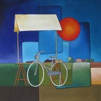 Marius Dorgelo, gouache &quot;fiets bij kersenkraam&quot; afm. 40 x 40 cm.