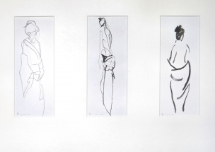 Henk Schuurman, potlood/rietpen/penseel &quot;kimono&quot; afm. 11 x 29 cm. (3x)