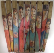 Gerda van Dieren, gemengte techniek op hout &quot;vrouwen&quot; afm. 100 x 100 cm.