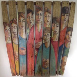 Gerda van Dieren, gemengte techniek op hout "vrouwen" afm. 100 x 100 cm.